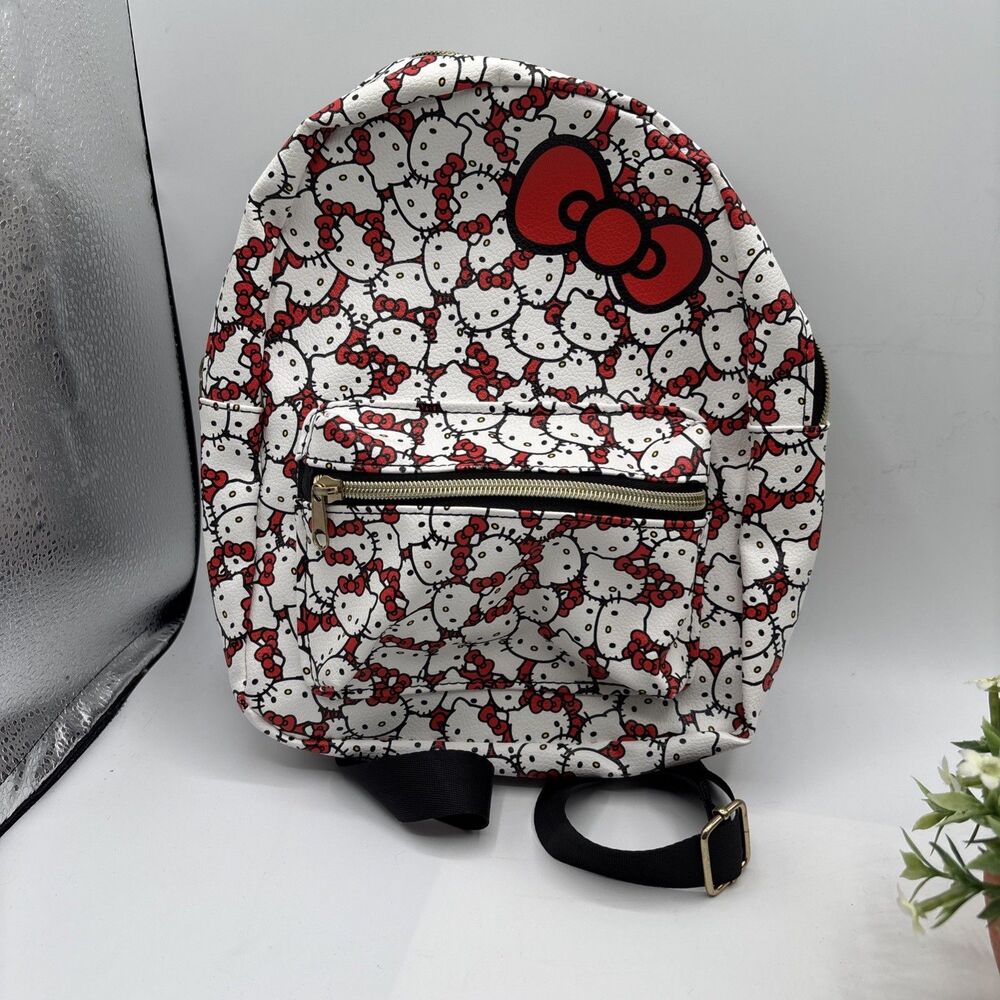 Sanrio Hello Kitty Small Backpack 11" White / Red Faux Leather Girls Preown Gift